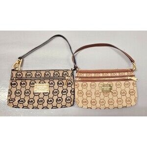2 Michael Kors Monogram Small Wristlet Purse Brown and Black with Gold Accents
